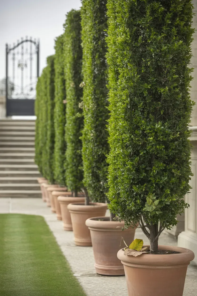 Tall clipped privet columns in terracotta pots creating vertical rhythm along luxury staircase