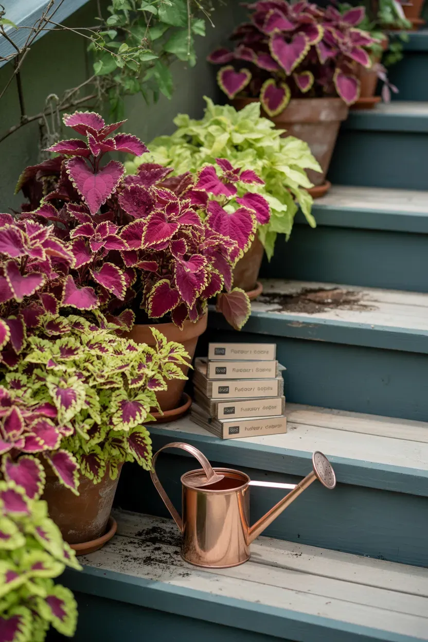 Coleus with vivid magenta and green foliage brightening part-shade staircase pots