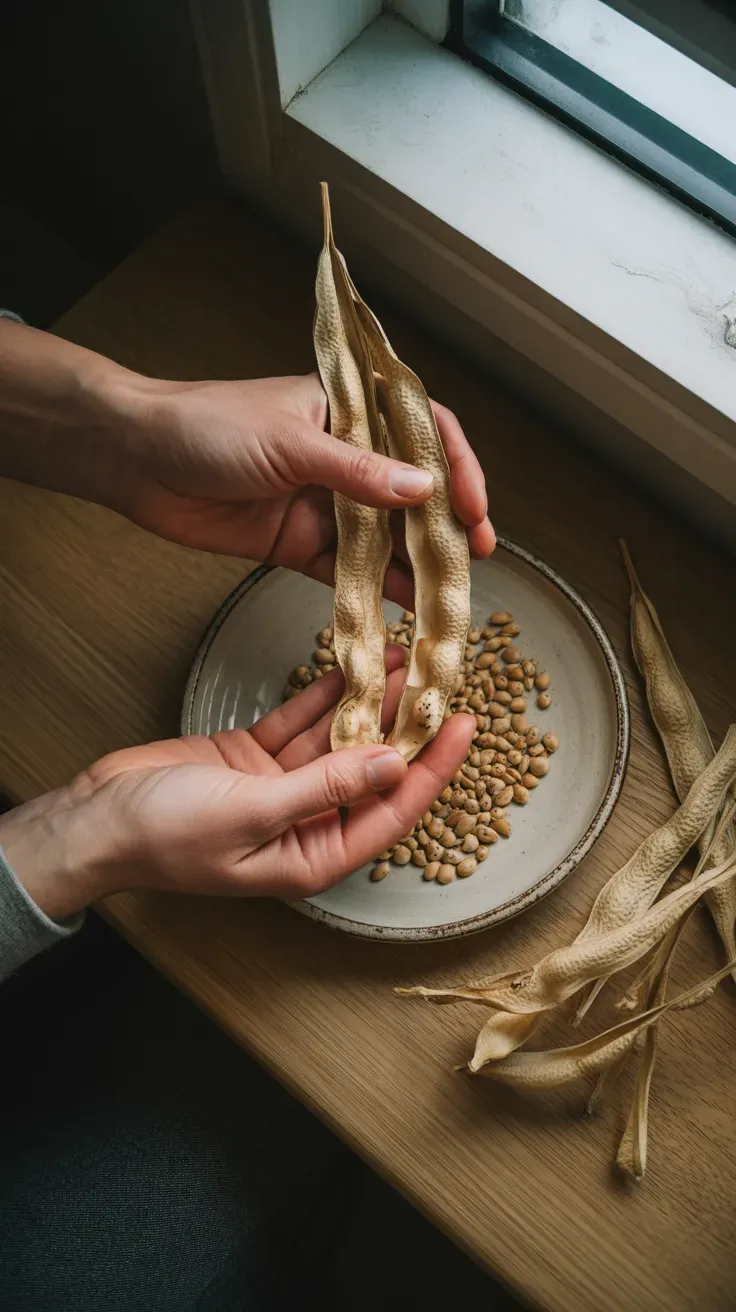 Dried lupine seed pods being opened over a small bowl to collect seeds