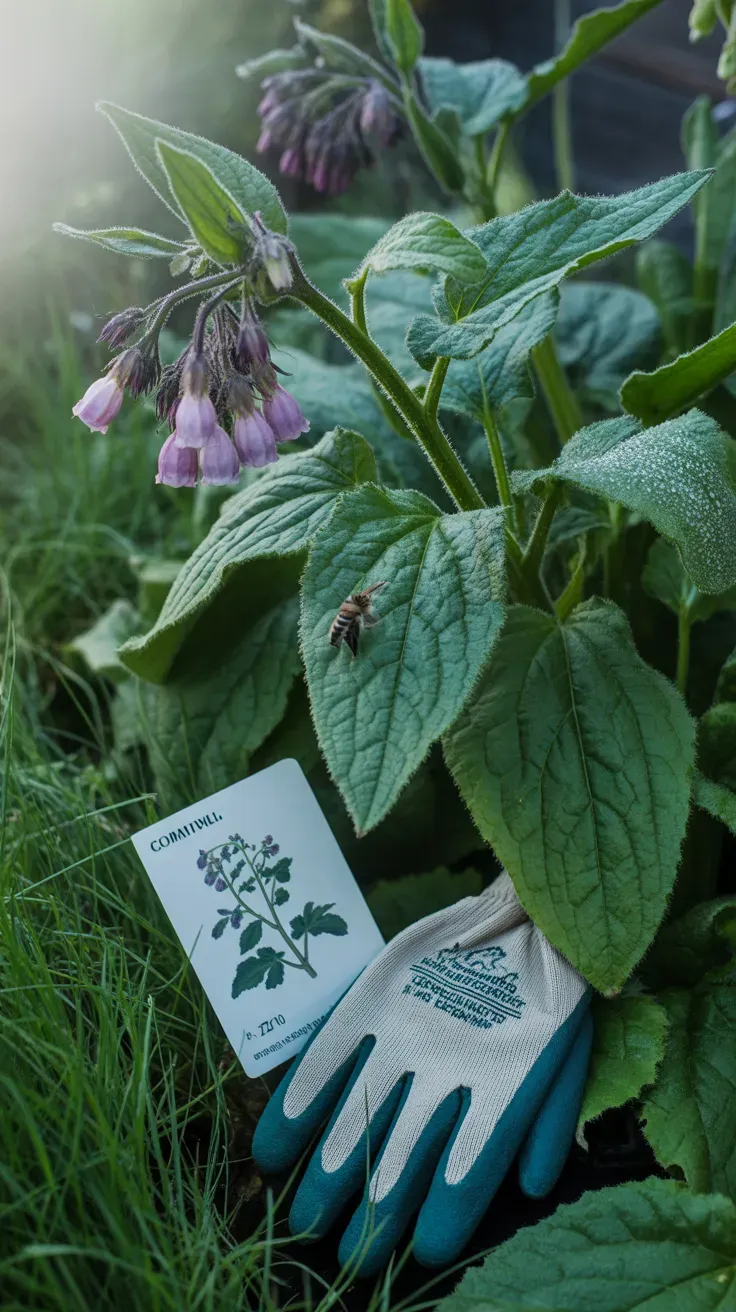 Comfrey with large hairy leaves and purple bell-shaped flowers growing at garden edge
