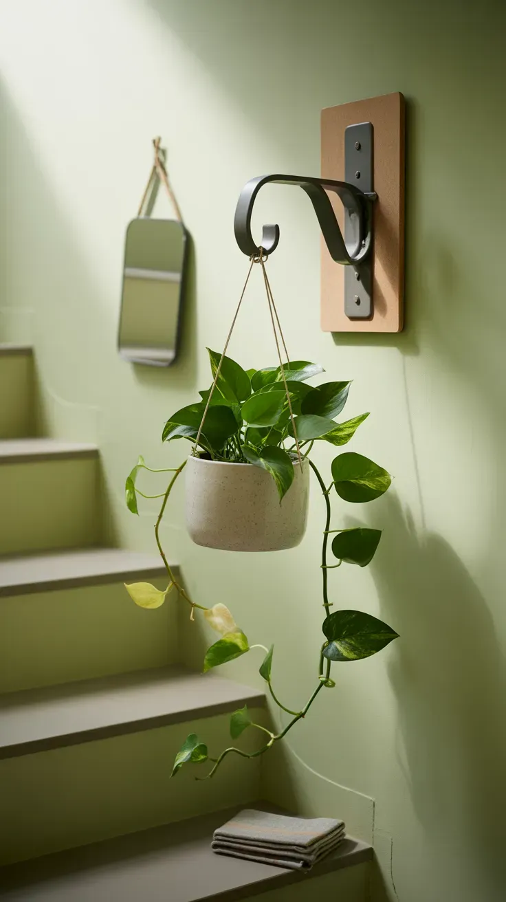 Pothos hanging from a command hook on a rental apartment staircase wall
