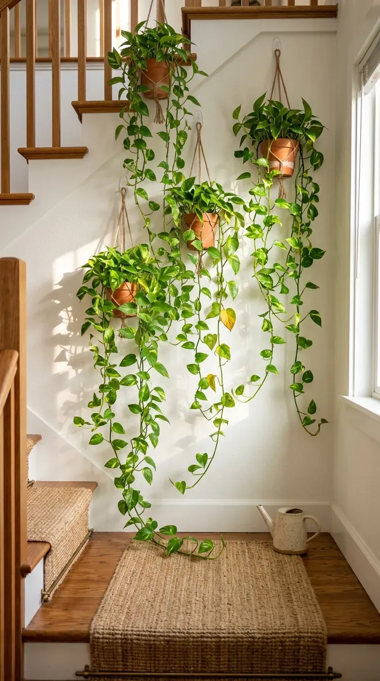 Trailing pothos plants hung from command hooks forming a curtain effect on a staircase wall
