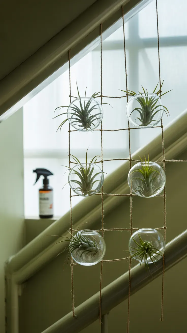 Grid of air plants in glass globes hung from command hooks on a rental staircase wall