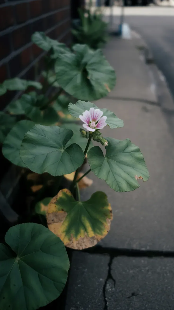 Round-lobed mallow leaves and small pale flower growing near a sidewalk crack
