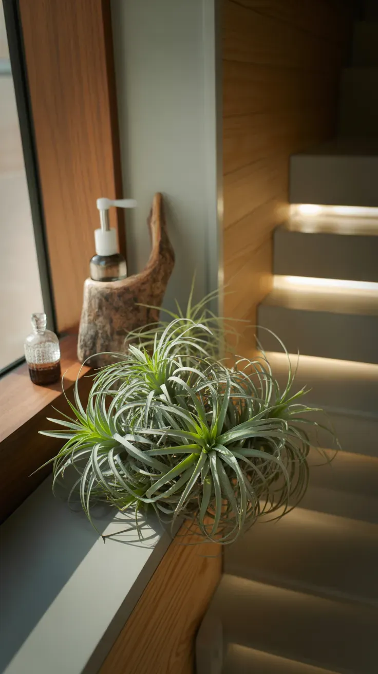 Small cluster of soilless air plants resting on narrow tiny home staircase surface