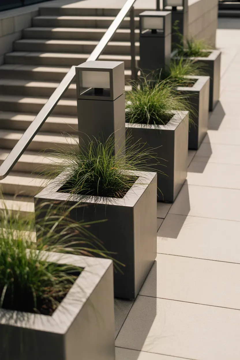 Square concrete cube planters with grasses lining architectural modern staircase entrance