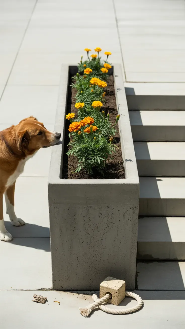 Solid concrete trough planter resistant to digging beside dog-friendly garden staircase