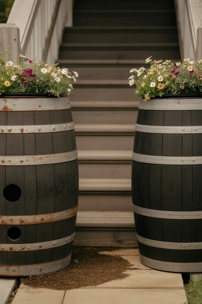 Handmade concrete trough planters filled with grasses beside modern garden staircase