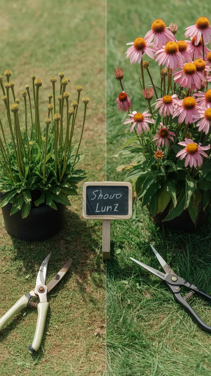Side-by-side comparison of a badly sheared coneflower clump and a properly deadheaded one