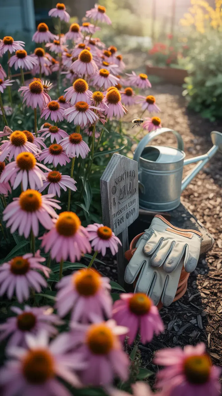 Purple coneflowers blooming in a sunny perennial garden border with bees visible
