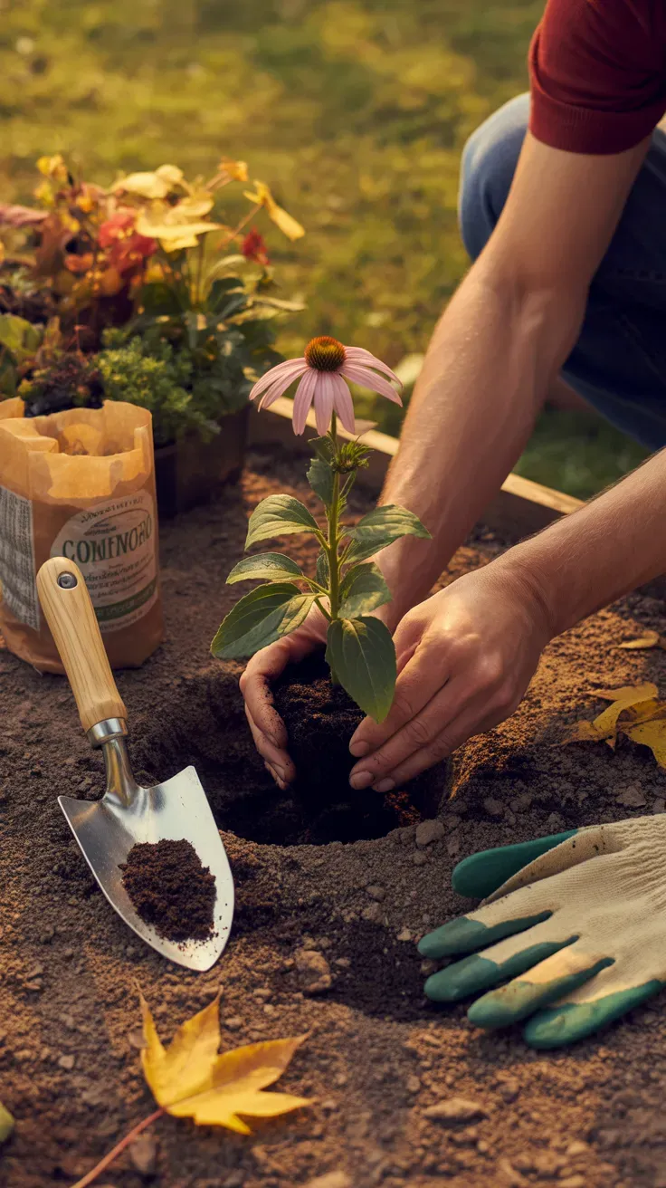 Gardener planting coneflower seedlings into a garden bed in early autumn