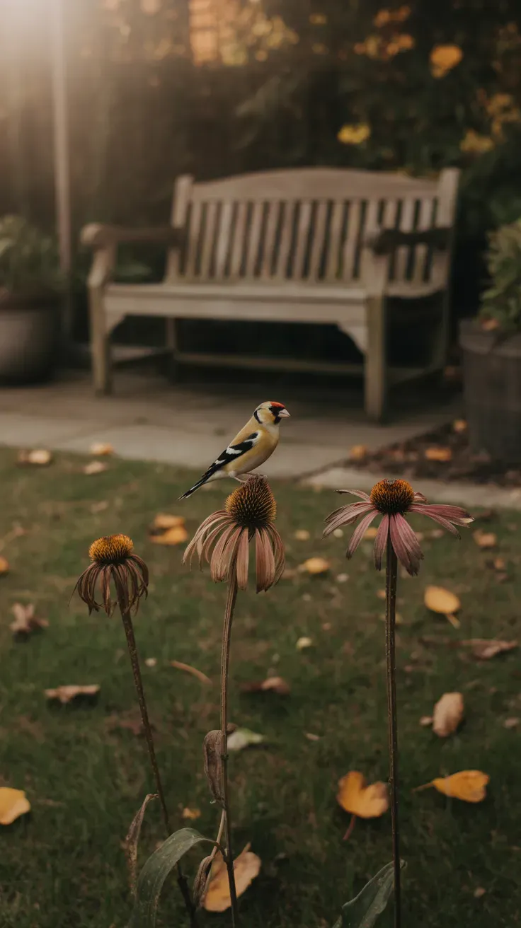 A goldfinch perched on a dried coneflower seed head against a blurred autumn garden