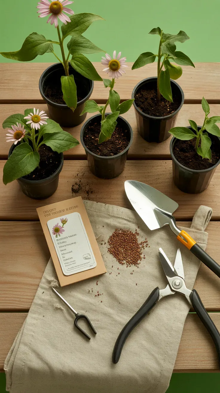 Young coneflower seedlings in nursery pots next to a packet of coneflower seeds