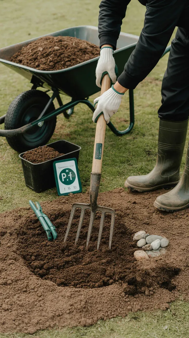 Gardener working compost into soil to prepare a bed for planting coneflowers