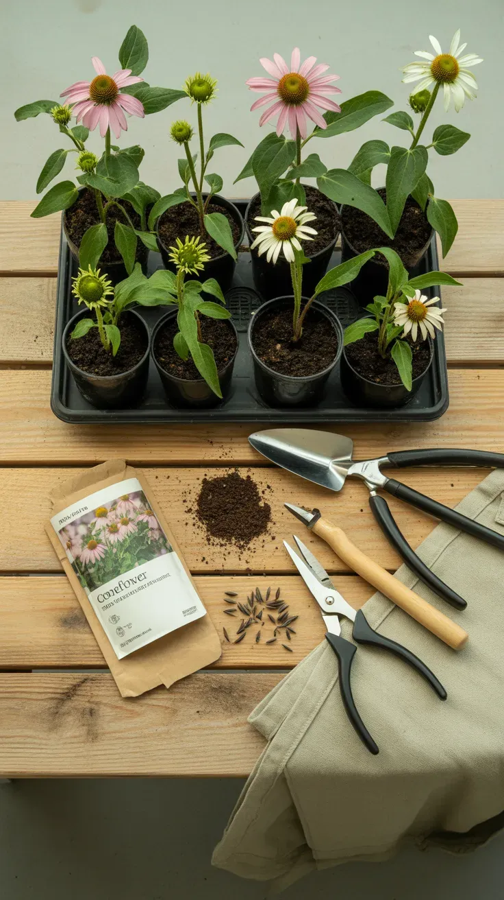 Coneflower seedlings being planted into cool spring soil in a raised garden bed
