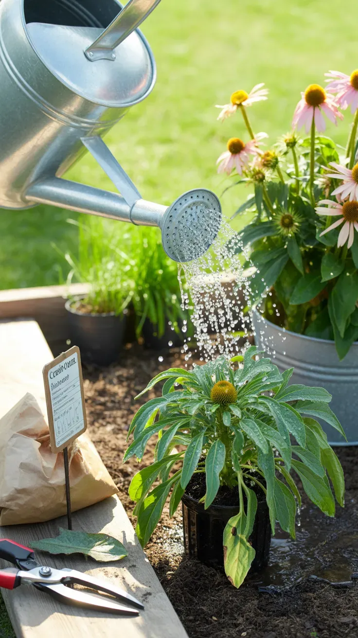 Watering can pouring water over newly planted coneflowers in a garden bed