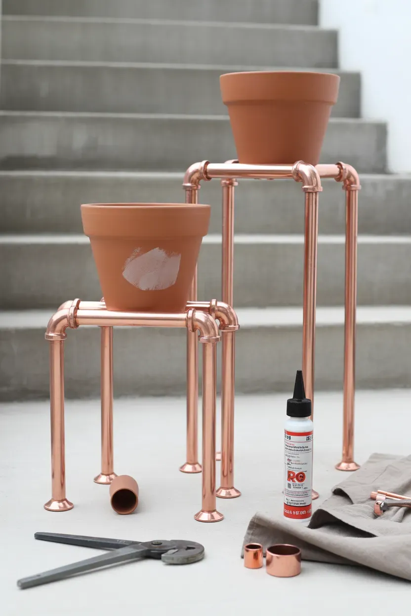 DIY copper pipe plant stands holding potted plants beside industrial-style staircase