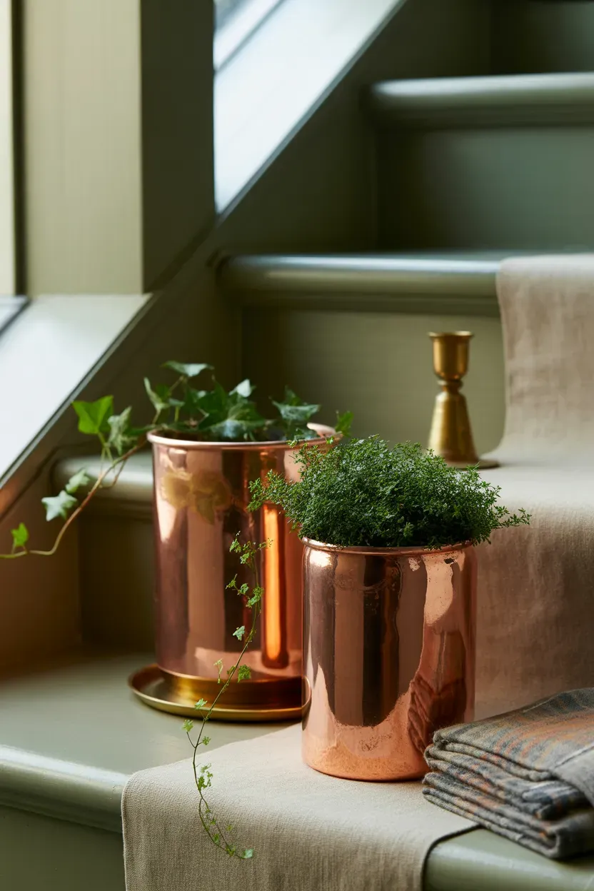 Small copper pots holding trailing ivy on a farmhouse staircase step