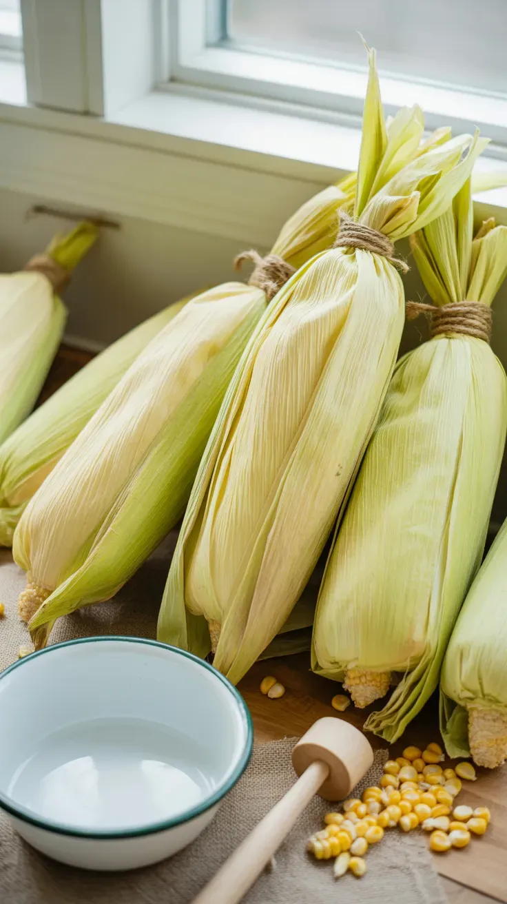 Dried corn husks bundled with twine on a rustic kitchen counter