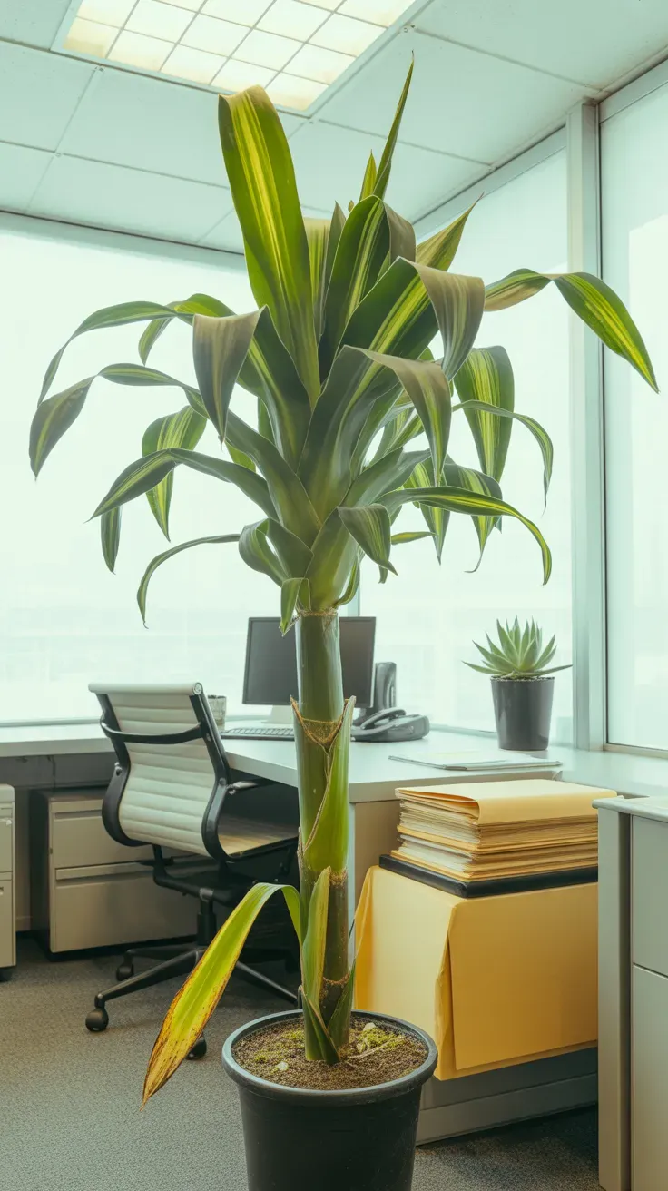 Corn plant with wide striped leaves and thick cane stem in bright office corner