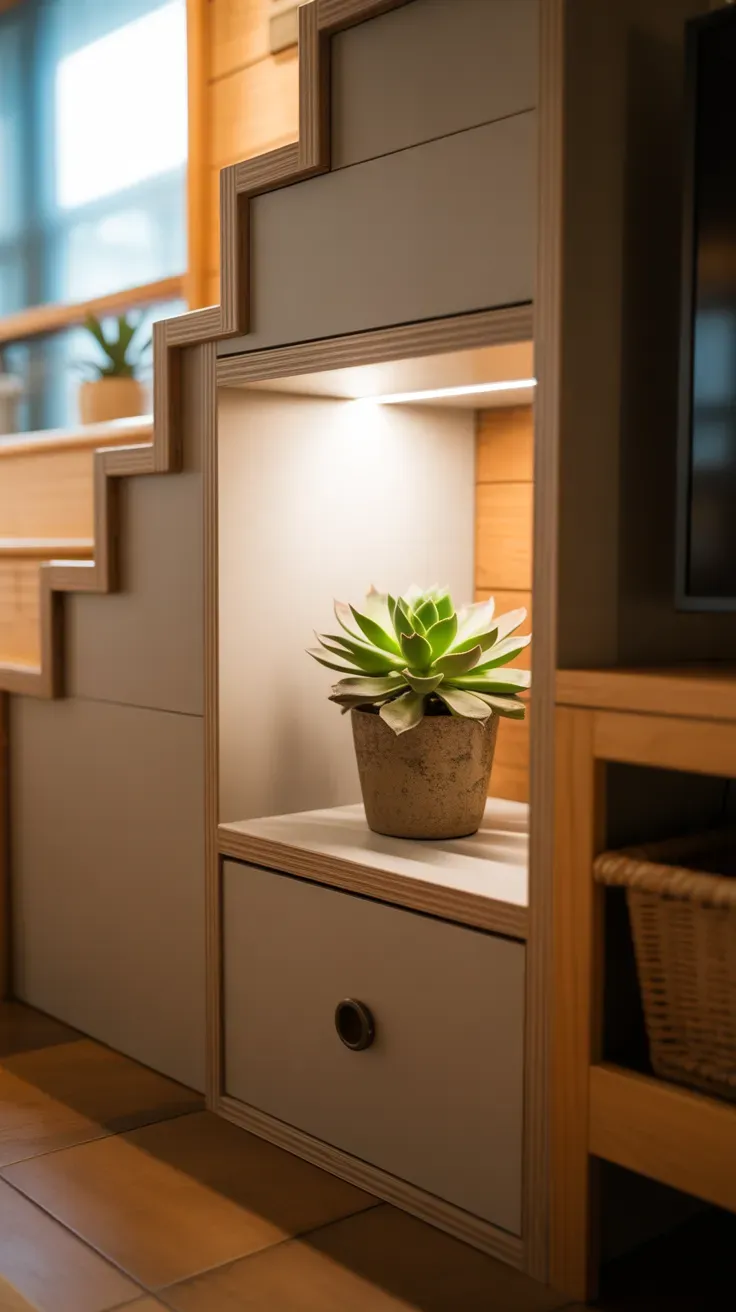 Small plant nook built into corner of storage-step staircase in tiny home