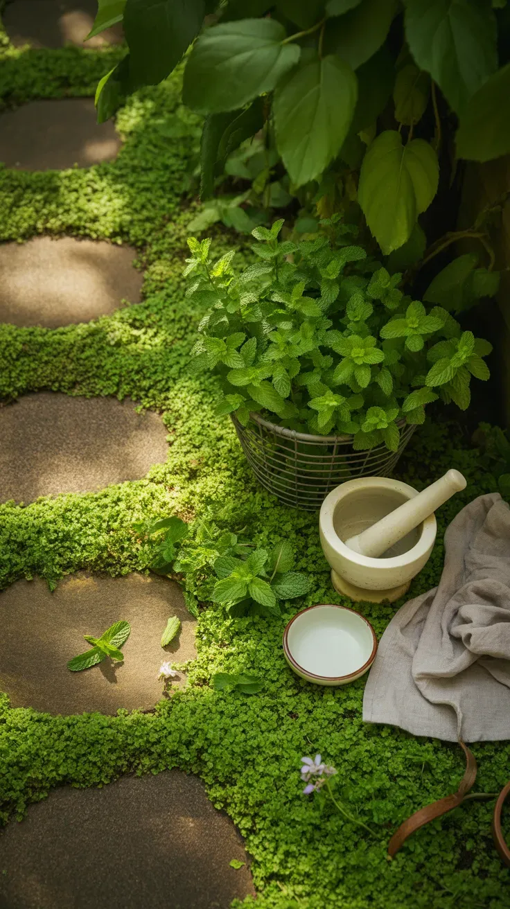 Tiny bright green Corsican mint carpeting a shaded garden path beside ferns