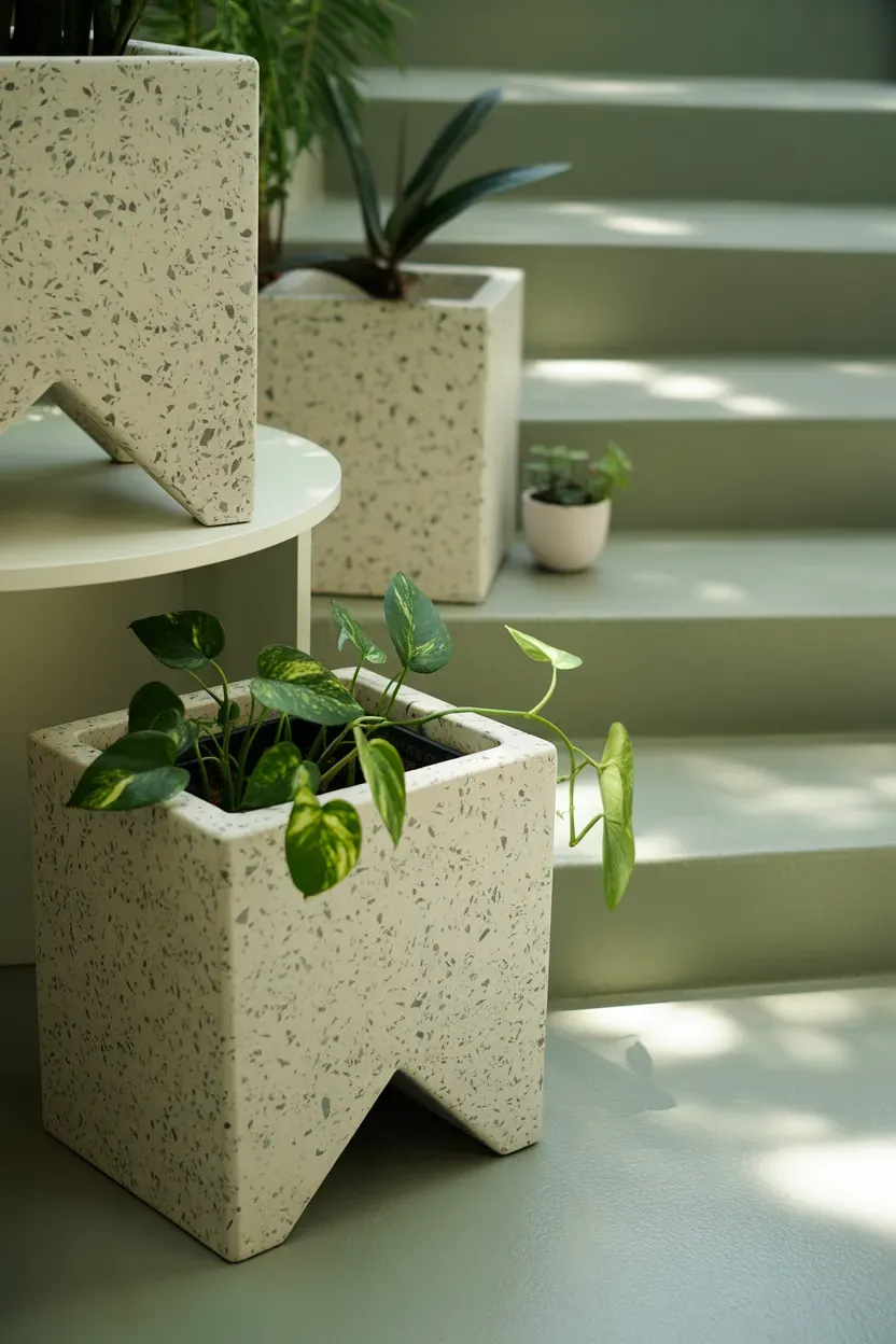 Rusted corten steel planters with grasses lining warm industrial modern staircase