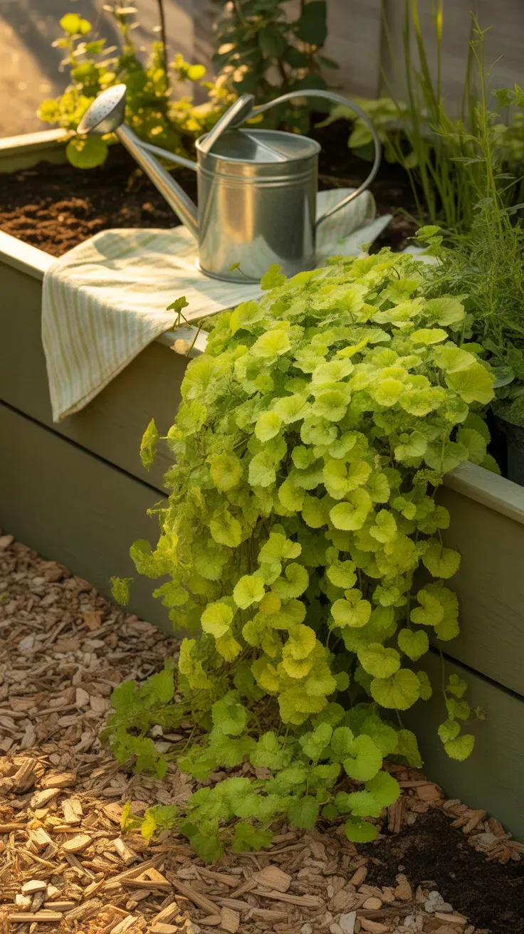 Creeping jenny with bright chartreuse trailing foliage spilling over garden bed edge