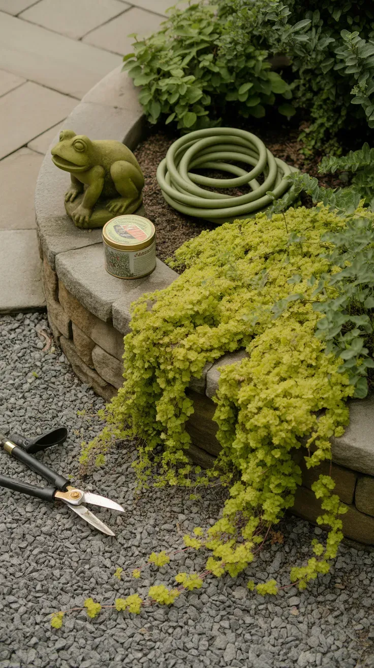 Golden-green creeping Jenny trailing over the stone edge of a garden path