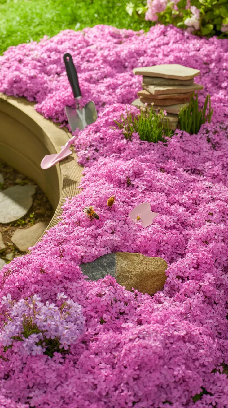 A carpet of pink creeping phlox spilling down a sunny garden slope in spring