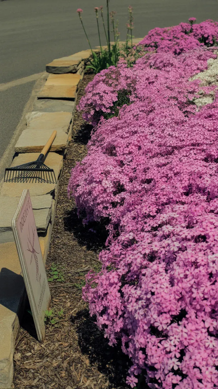 Creeping phlox in dense pink bloom covering sunny garden slope