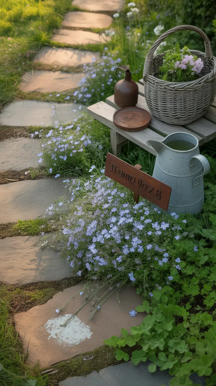 Small blue-flowered creeping speedwell spreading naturally along an informal cottage garden path