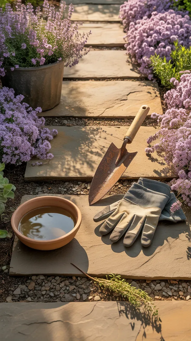 Purple-flowering creeping thyme spilling over sandstone stepping stones in bright sun