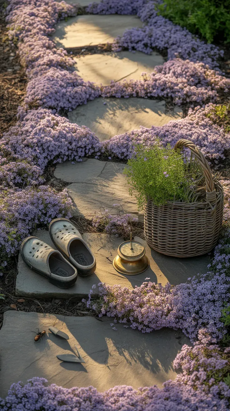 Creeping thyme with tiny purple flowers growing between flagstone stepping stones