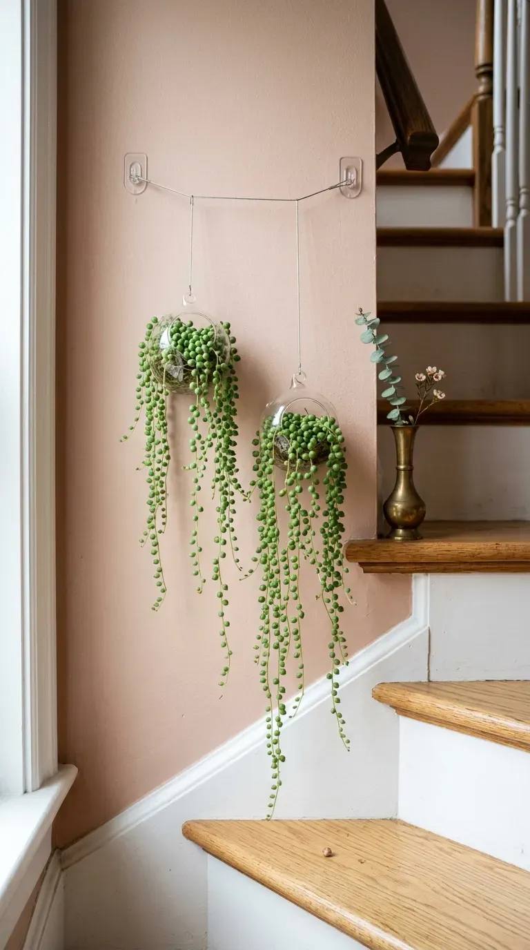 String of pearls trailing from small hangers on a curtain wire system on a staircase wall