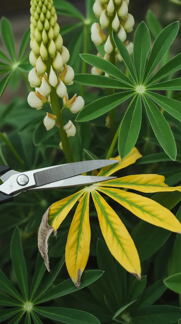 Lupine plant with fresh green leaves beside yellowed foliage being trimmed away