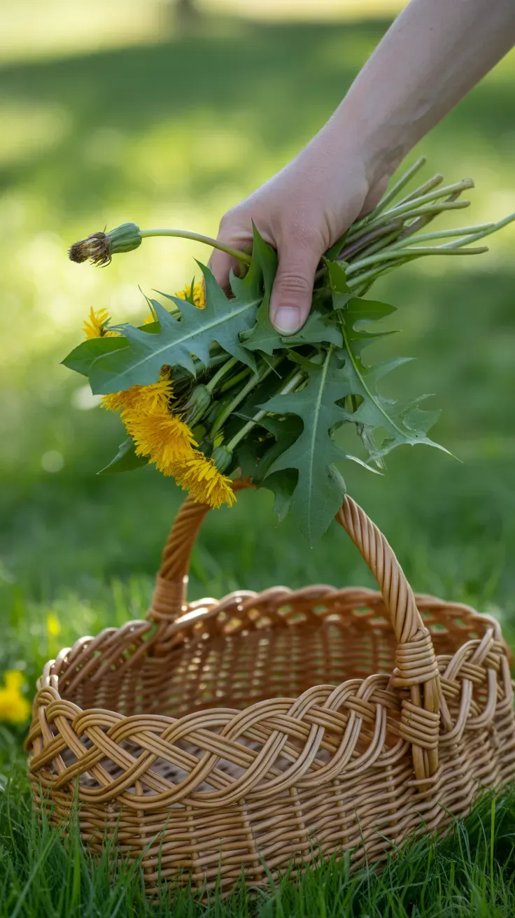 Hand holding freshly picked dandelion greens and yellow flower over a basket