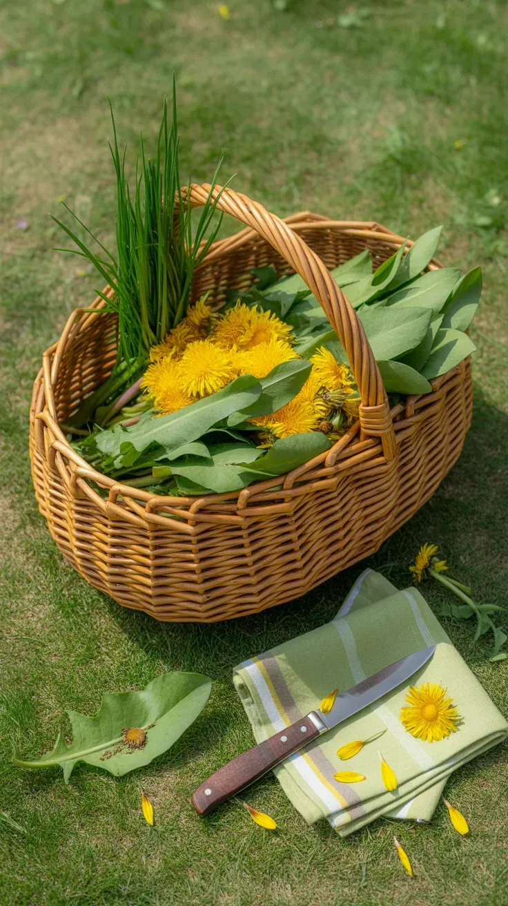 Freshly picked dandelion leaves and flowers in a wicker foraging basket on grass