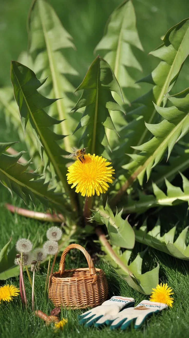 Wild dandelion with yellow bloom and jagged leaves growing in sunny lawn edge