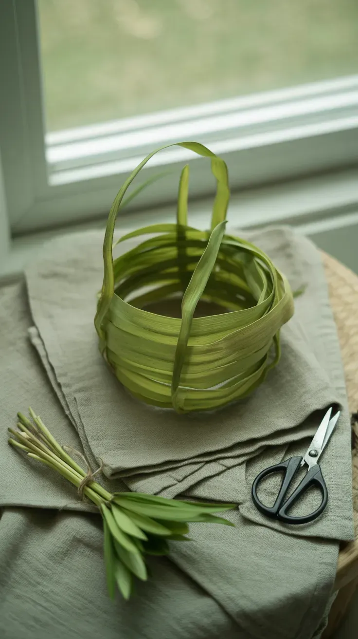 Dried daylily leaf strips coiled into a small flat basket base on a linen cloth