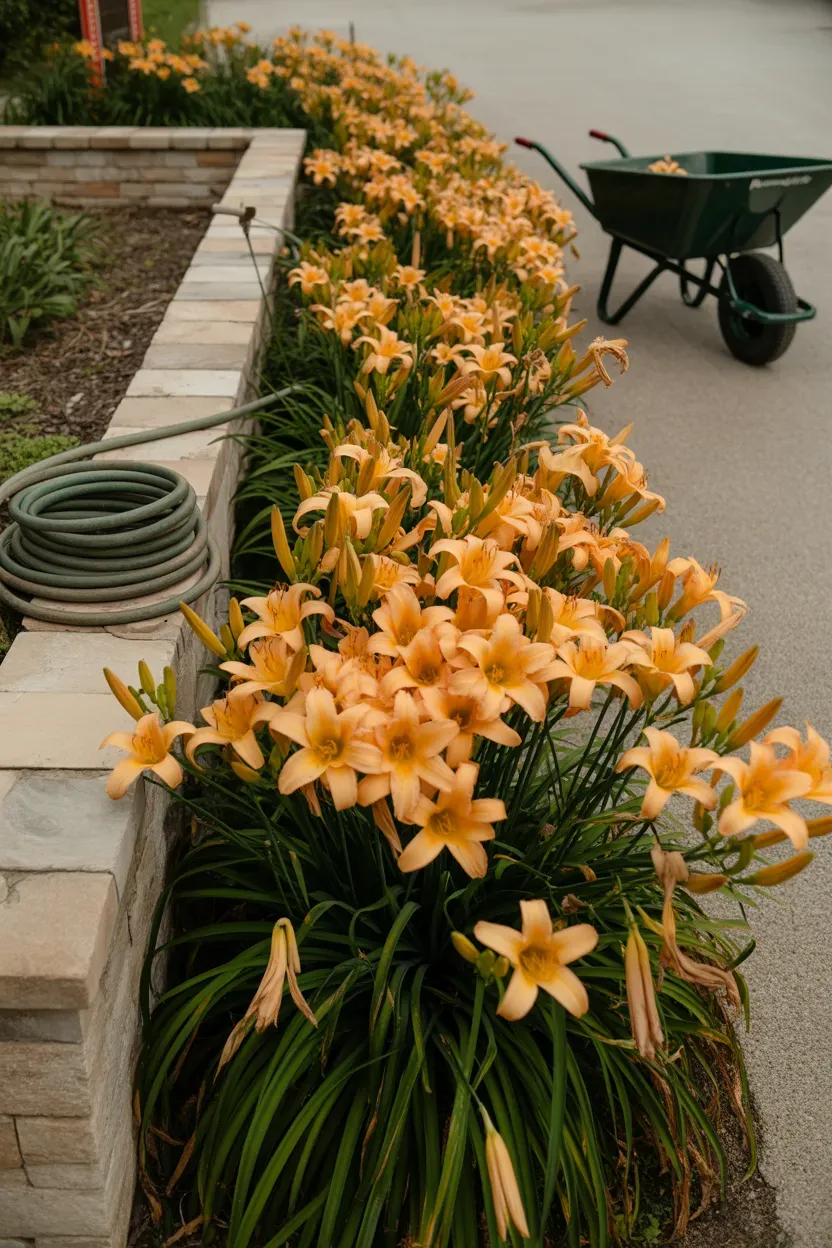 Orange daylily blooms massed along sunny driveway border in midsummer