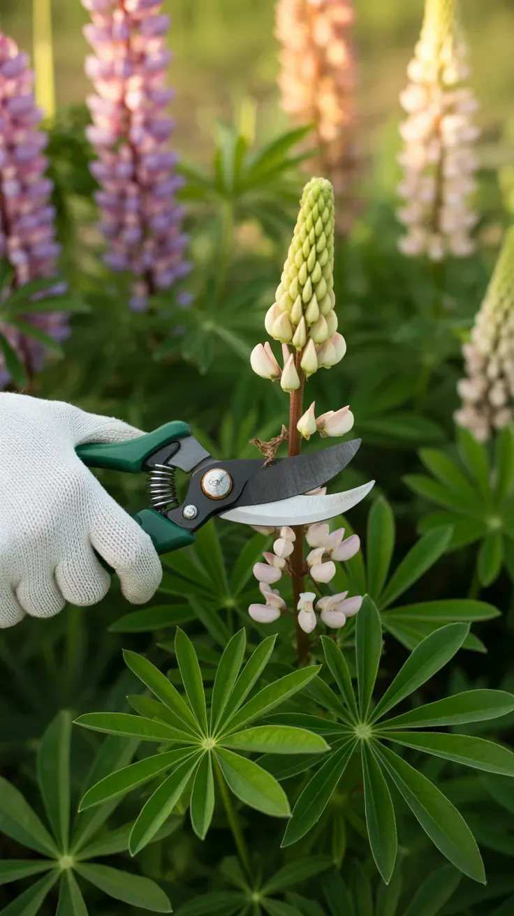 Gardener snipping a faded lupine flower spike down to fresh green foliage