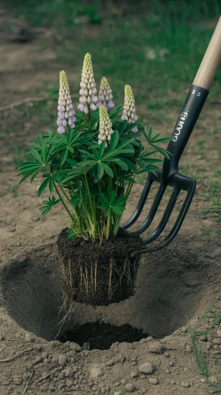 Gardener using a garden fork to lift and separate a multi-crowned lupine clump