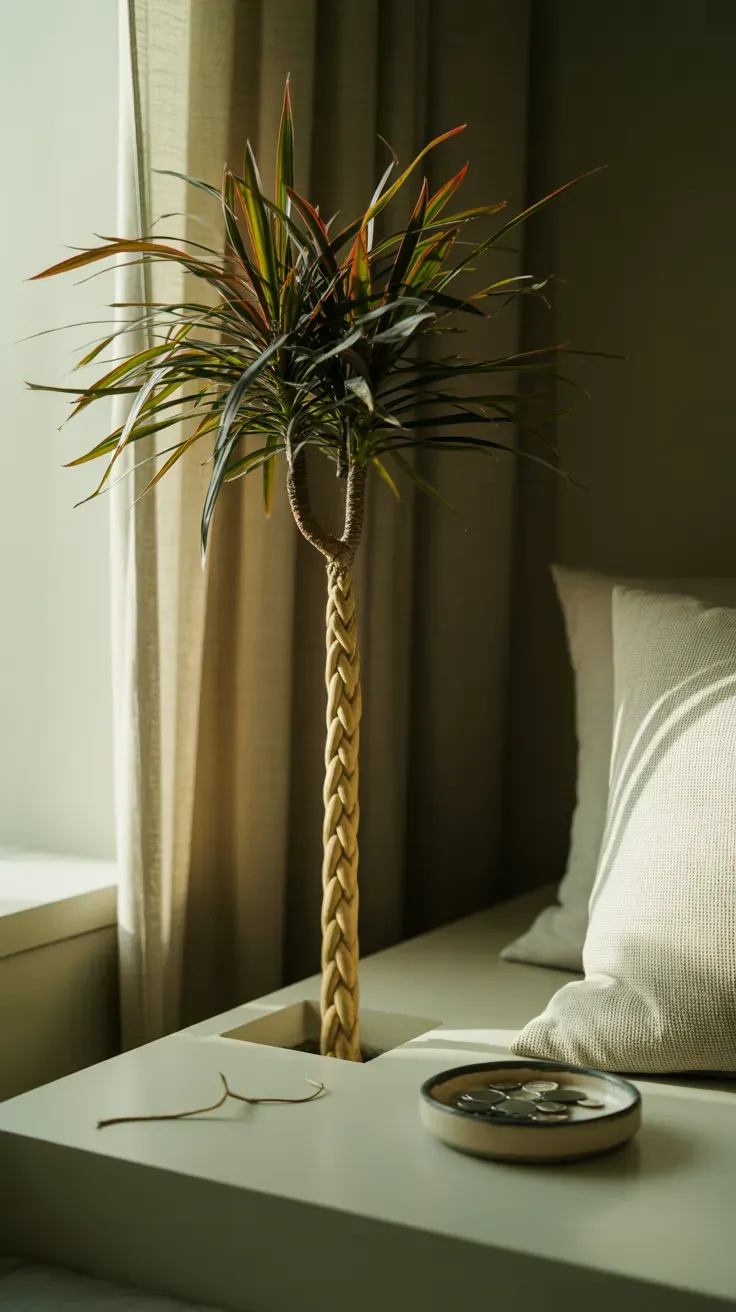 Dracaena marginata with thin red-edged leaves and braided stem in minimalist bedroom