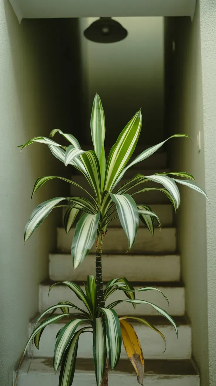 Dracaena warneckii with striped leaves standing in low-light staircase corner