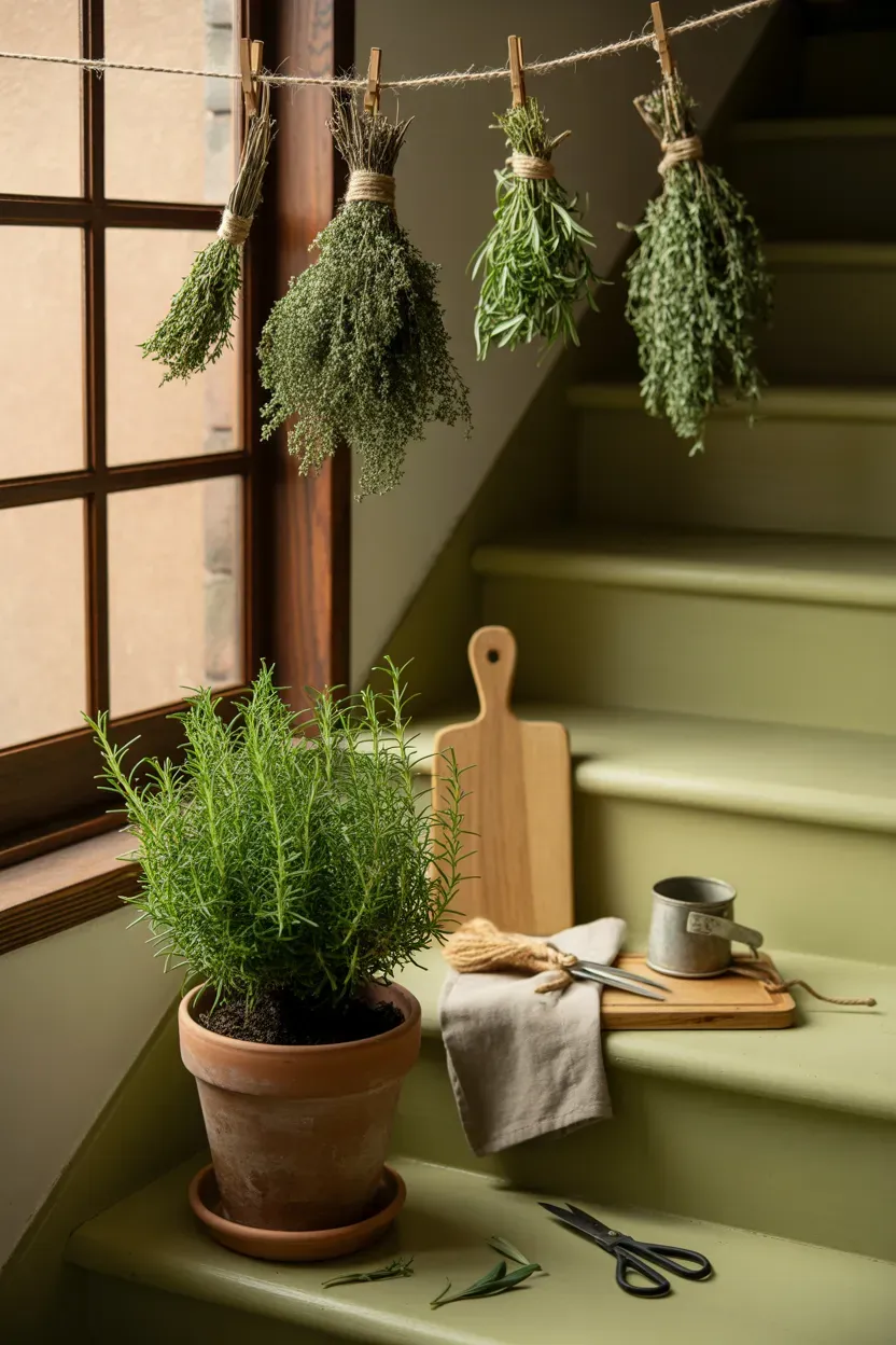 Dried herb bundles hanging above a live potted rosemary plant on a farmhouse staircase