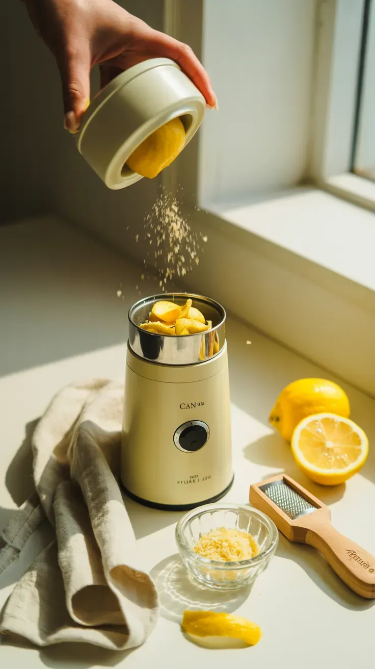 Dried lemon peels being ground into fine yellow powder in a spice grinder