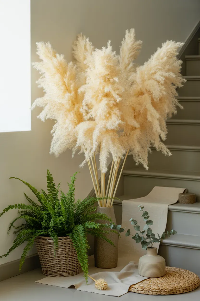 Dried pampas grass arranged beside a live fern on a staircase landing
