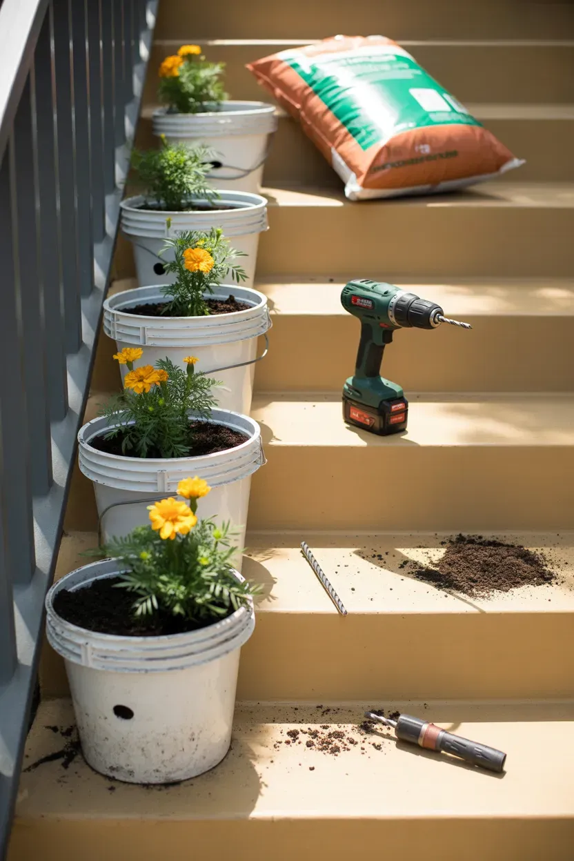 DIY drilled bucket planters with flowers lining sunny garden staircase steps