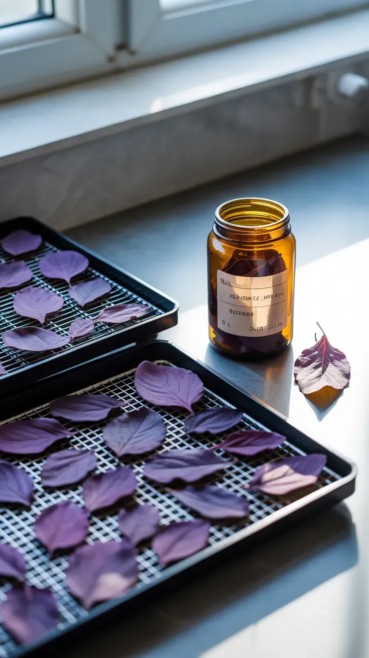 Wild violet leaves spread on dehydrator trays next to a labeled glass storage jar